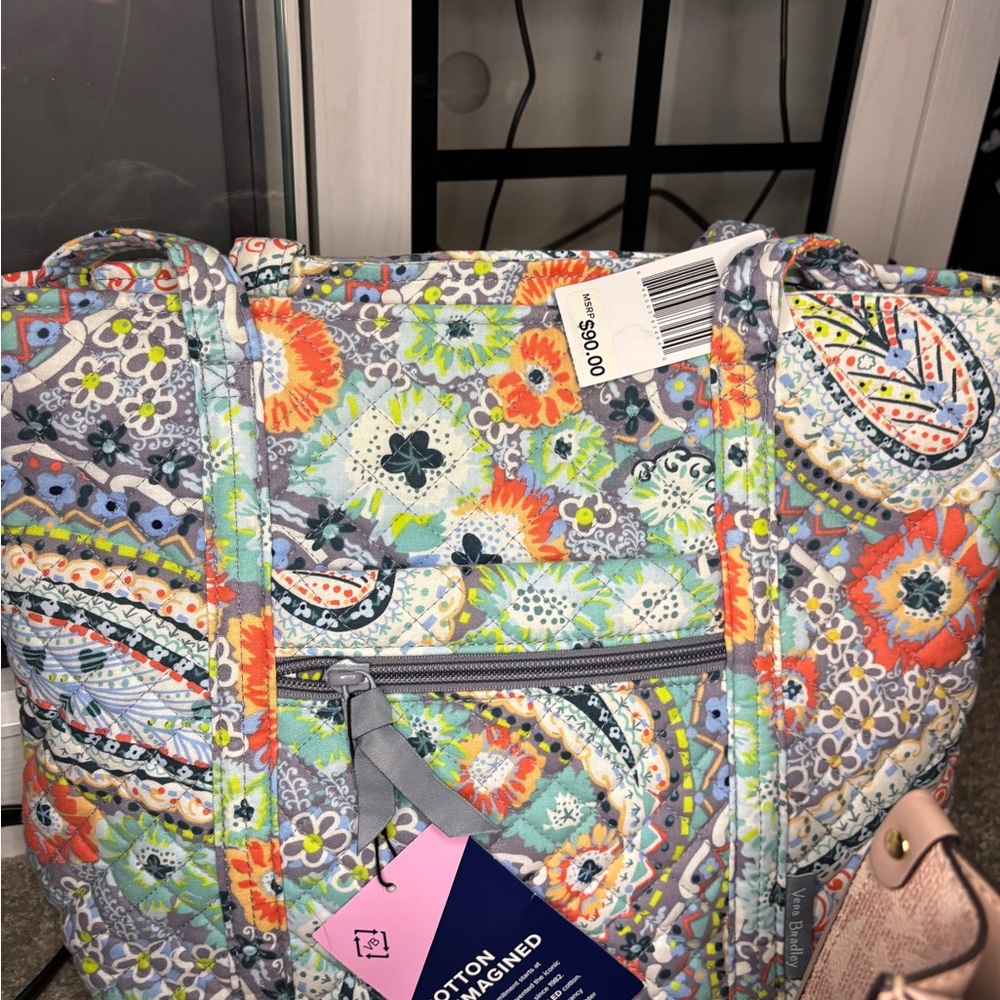 Vera Bradley Quilted Shoulder Tote in Gray with Multicolor Floral Paisley